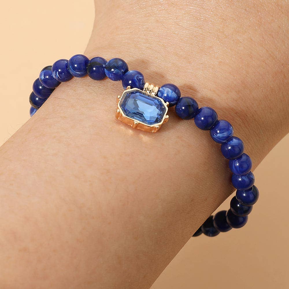 Faceted Rectangular Charm Round Beaded Stretch Bracelet