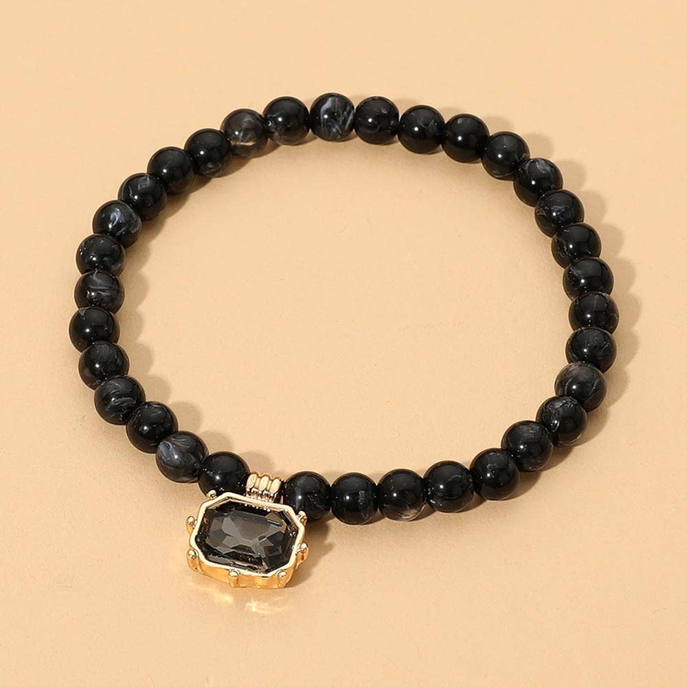 Faceted Rectangular Charm Round Beaded Stretch Bracelet