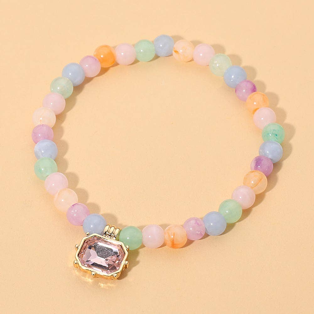 Faceted Rectangular Charm Round Beaded Stretch Bracelet