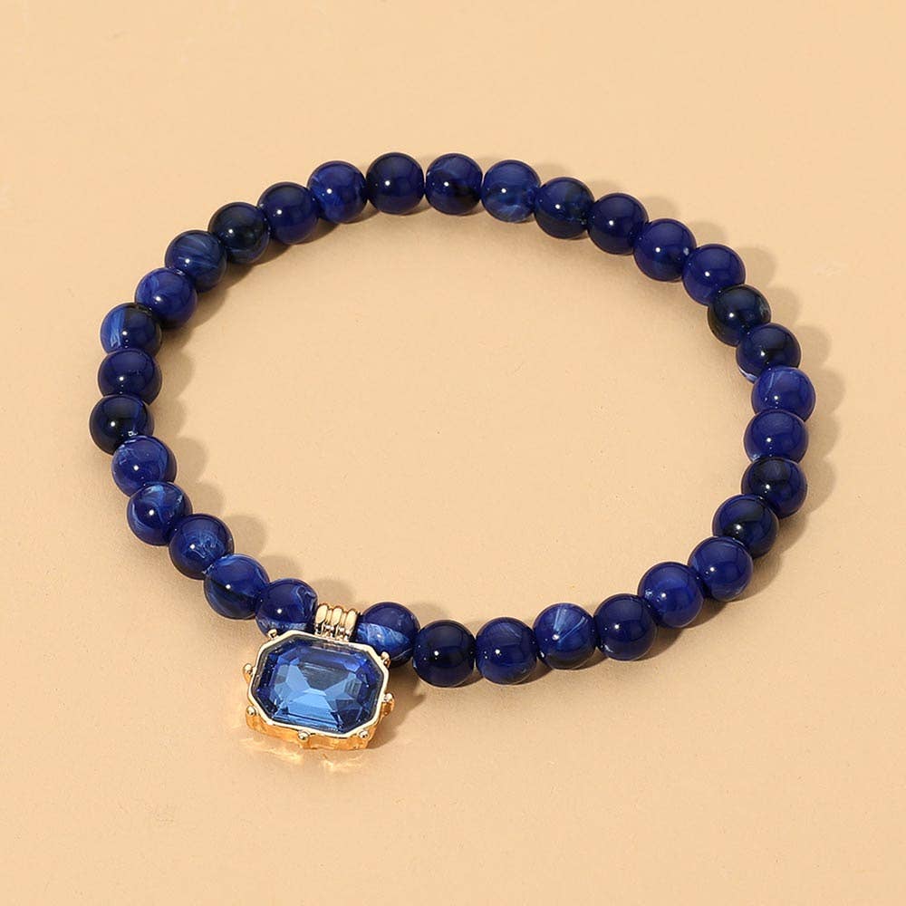 Faceted Rectangular Charm Round Beaded Stretch Bracelet