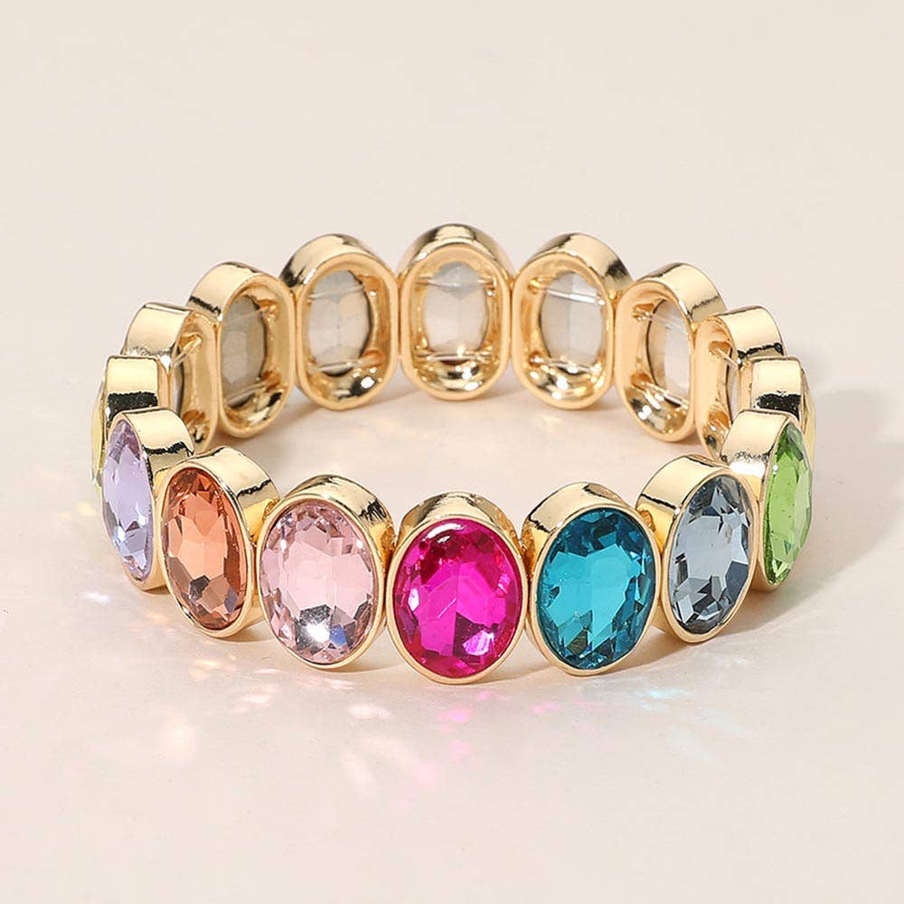 Oval Faceted Stone Beaded Stretch Evening Bracelet