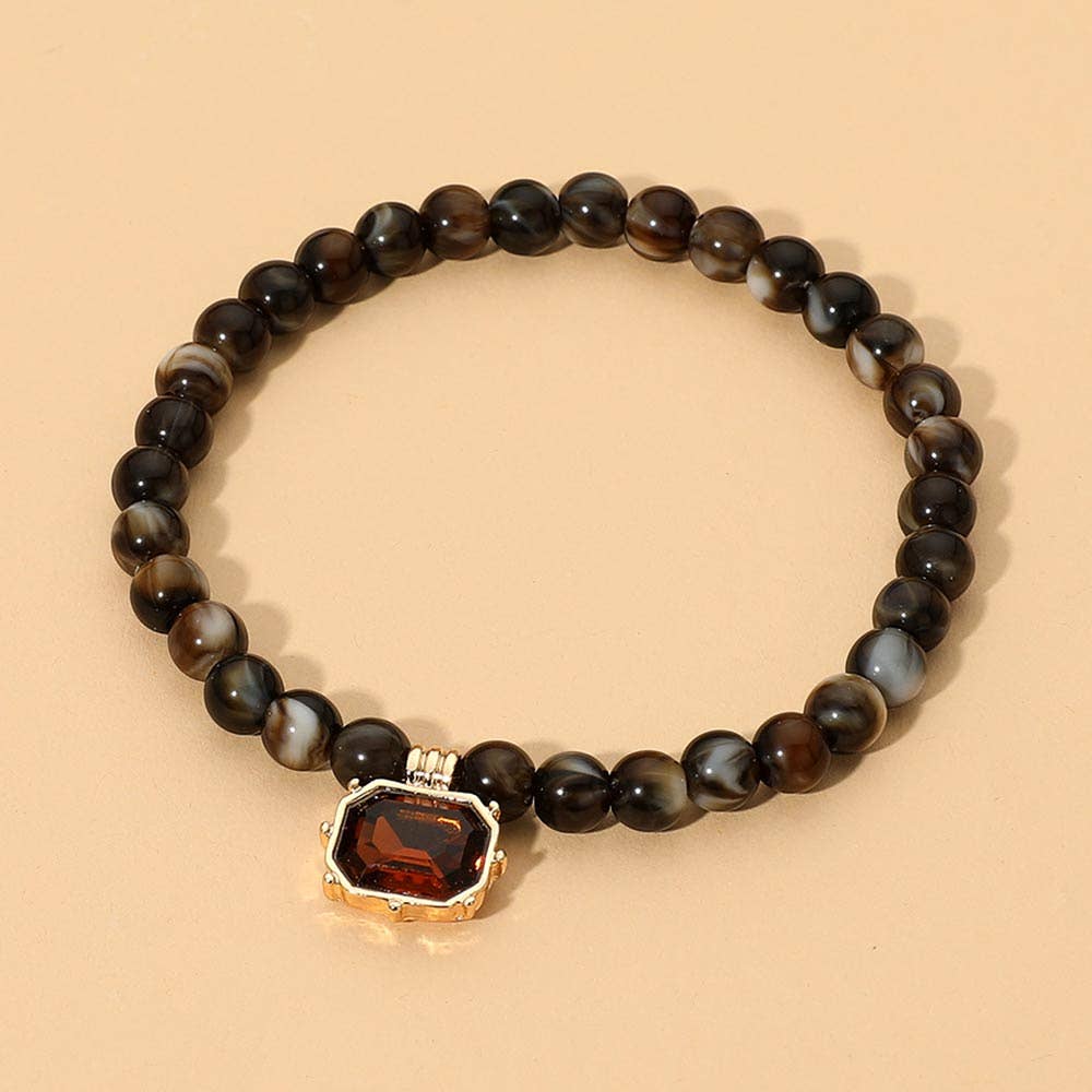 Faceted Rectangular Charm Round Beaded Stretch Bracelet