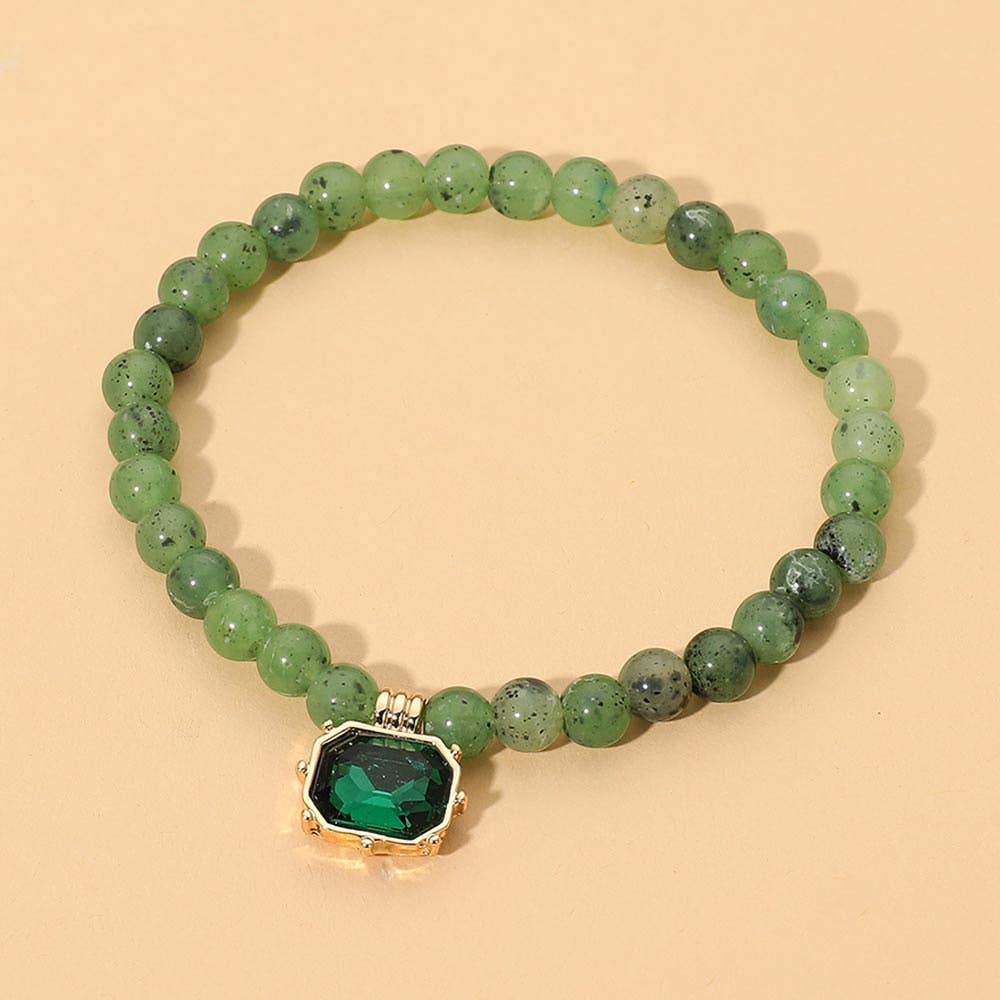 Faceted Rectangular Charm Round Beaded Stretch Bracelet