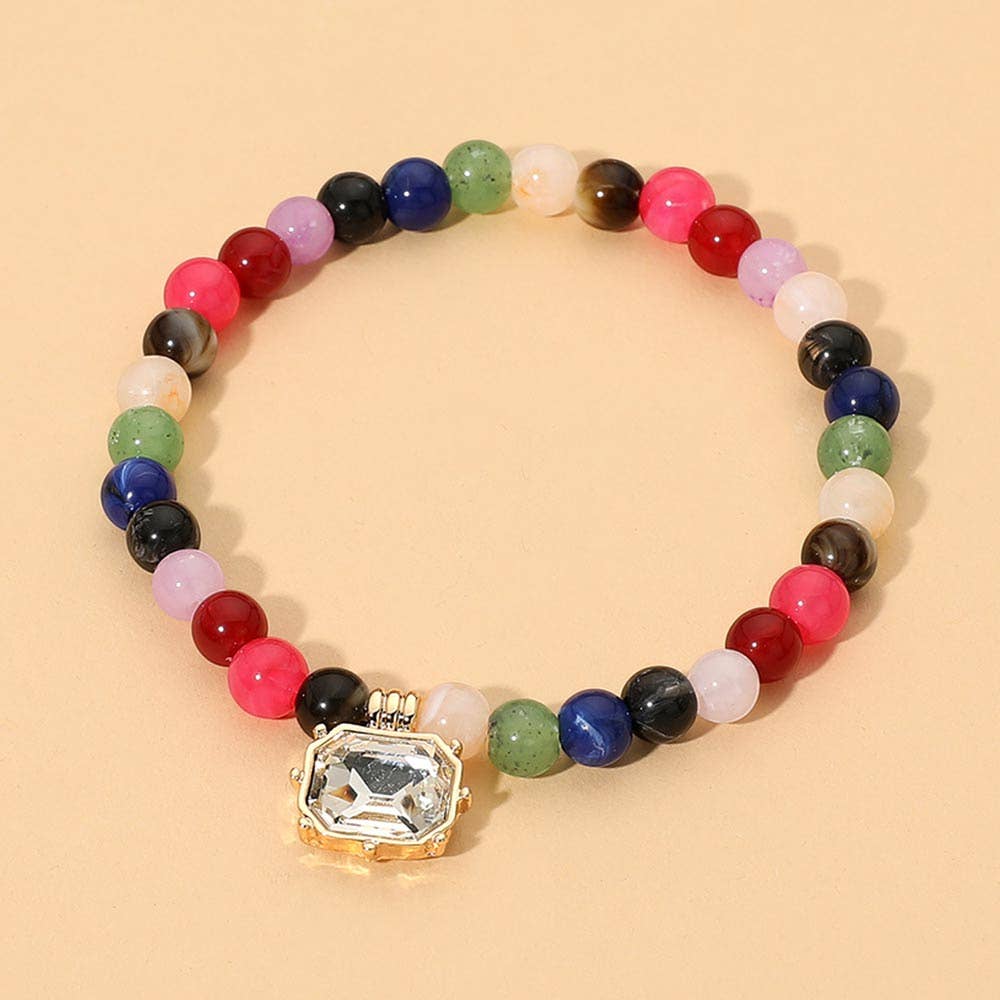 Faceted Rectangular Charm Round Beaded Stretch Bracelet