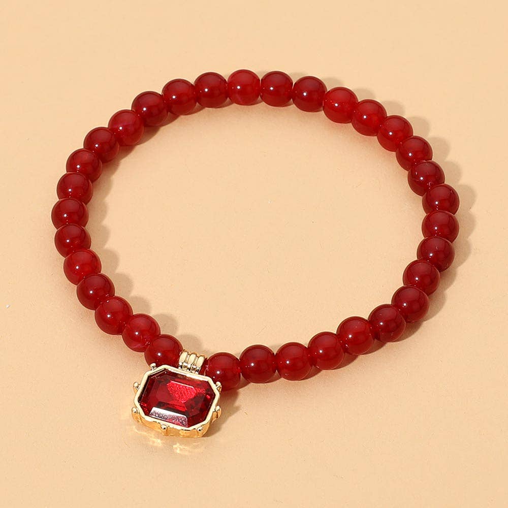Faceted Rectangular Charm Round Beaded Stretch Bracelet